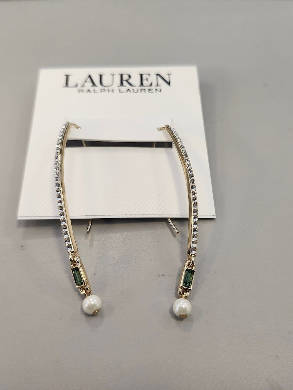 NWT Ralph Lauren Gold-Tone Pave Baguette Stone & Imitation Pearl Earrings